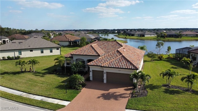 aerial view featuring a water view