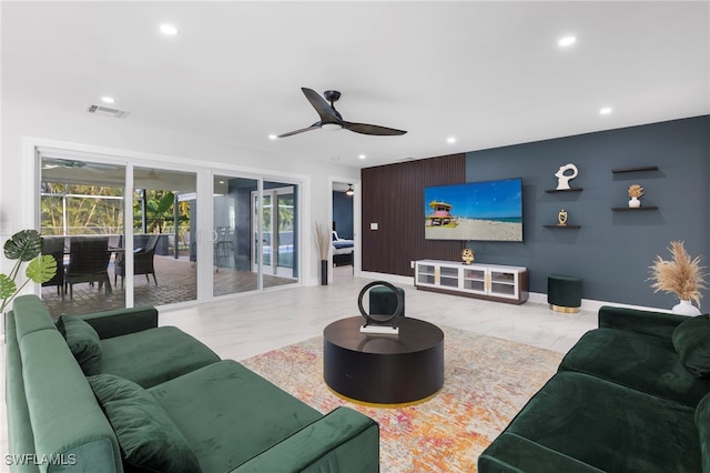 living room featuring ceiling fan