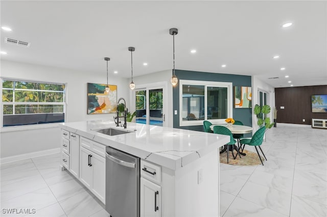 kitchen featuring white cabinets, decorative light fixtures, sink, a kitchen island with sink, and stainless steel dishwasher