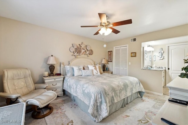 bedroom featuring ceiling fan and a closet