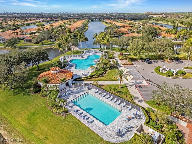 drone / aerial view featuring a water view