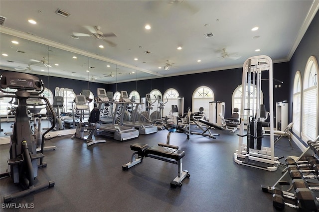 exercise room featuring ceiling fan and crown molding