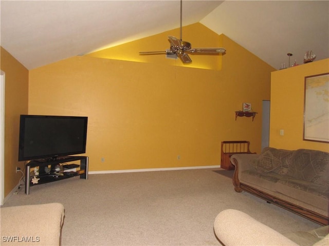 living room with ceiling fan, carpet floors, and lofted ceiling