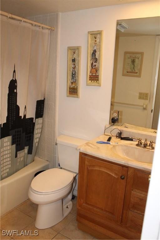 full bathroom featuring tile patterned floors, vanity, shower / bath combination with curtain, and toilet