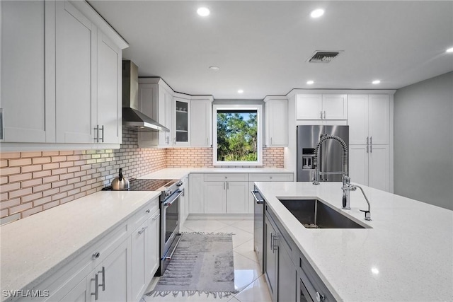 kitchen with tasteful backsplash, visible vents, stainless steel appliances, wall chimney range hood, and a sink