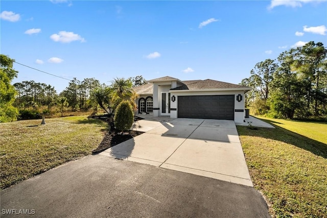 view of front facade featuring a garage, concrete driveway, a front lawn, and stucco siding