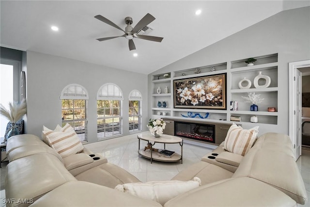 living room featuring vaulted ceiling, light tile patterned floors, built in features, and ceiling fan