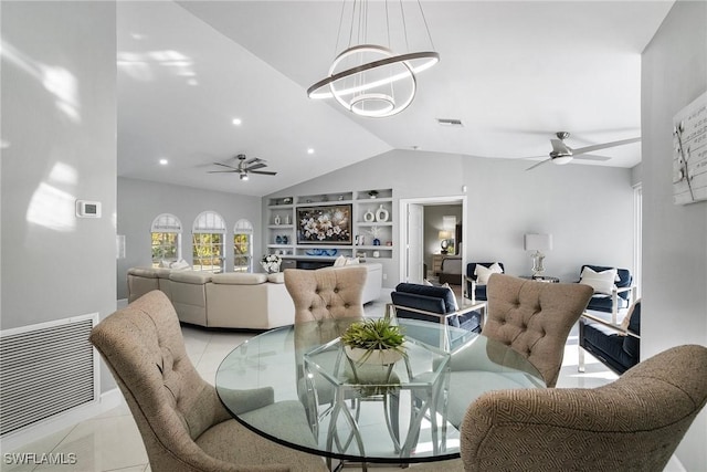 dining room featuring built in shelves, lofted ceiling, visible vents, light tile patterned flooring, and ceiling fan with notable chandelier