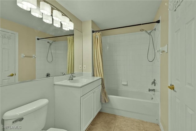 full bathroom with toilet, vanity, tile patterned floors, and shower / tub combo with curtain