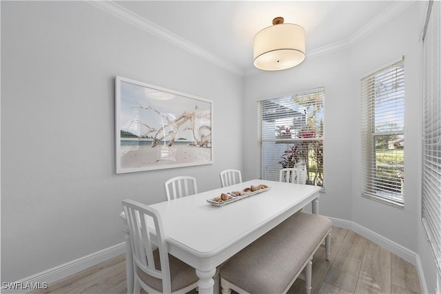 dining area featuring ornamental molding, a wealth of natural light, and light hardwood / wood-style flooring