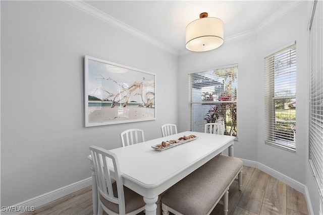 dining area with crown molding, light hardwood / wood-style flooring, and a healthy amount of sunlight