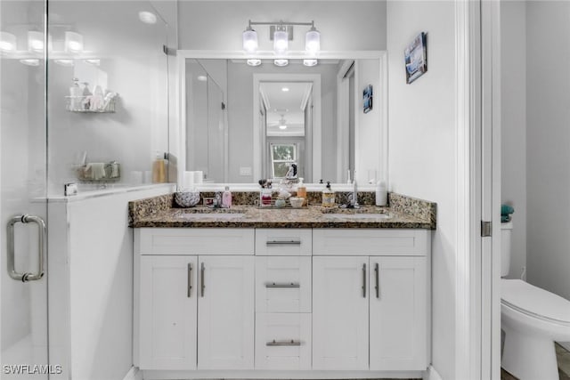 bathroom featuring vanity, toilet, and an enclosed shower