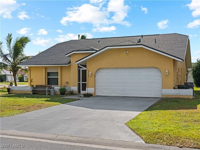 ranch-style home with a garage and a front lawn