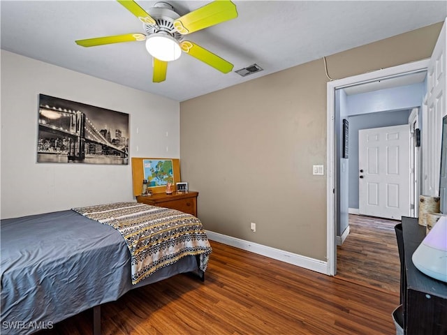 bedroom featuring ceiling fan and dark wood-type flooring