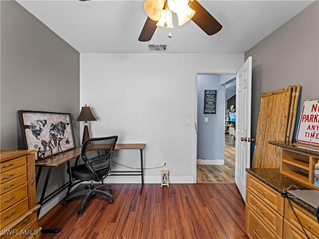 home office featuring ceiling fan and dark hardwood / wood-style flooring