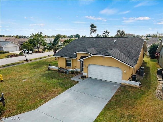 ranch-style house with a garage and a front yard