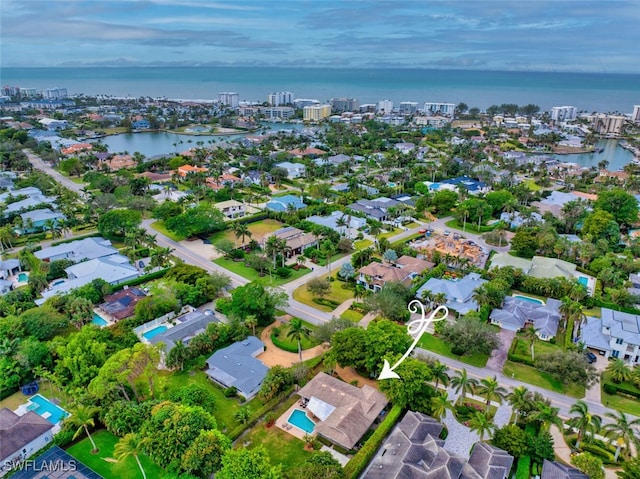 aerial view featuring a water view