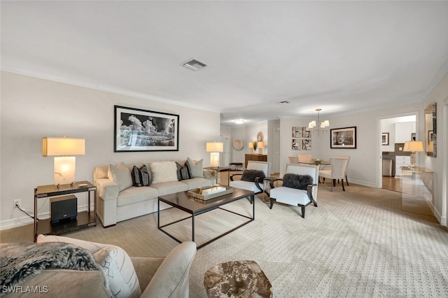 carpeted living room featuring a notable chandelier and crown molding