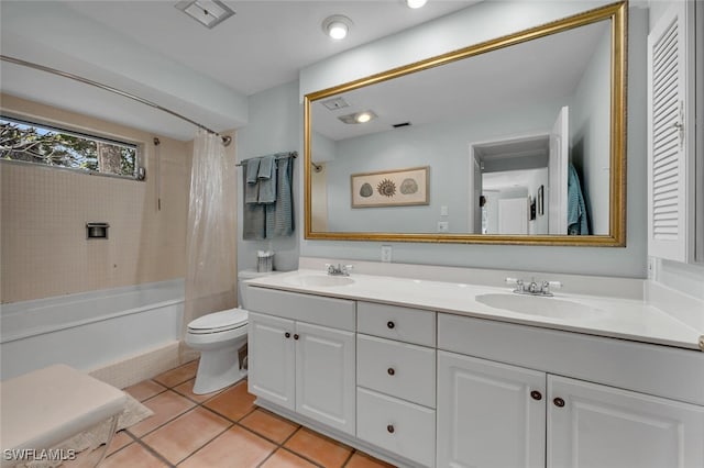 full bathroom with toilet, shower / tub combo, vanity, and tile patterned floors