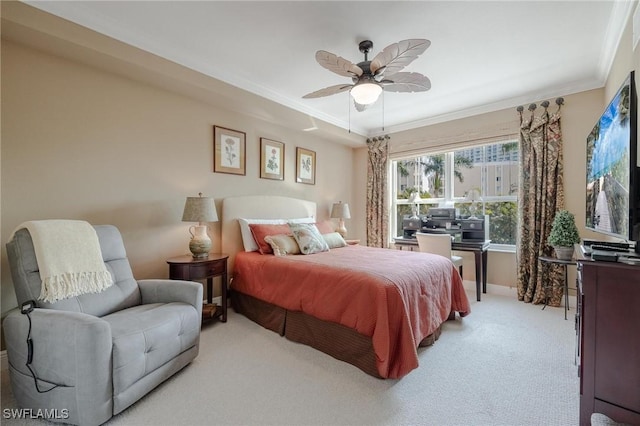 bedroom with ceiling fan, crown molding, and light carpet