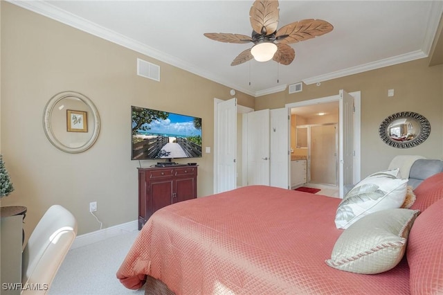 carpeted bedroom with ensuite bathroom, ceiling fan, and crown molding