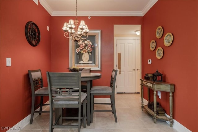 tiled dining room with a notable chandelier and crown molding