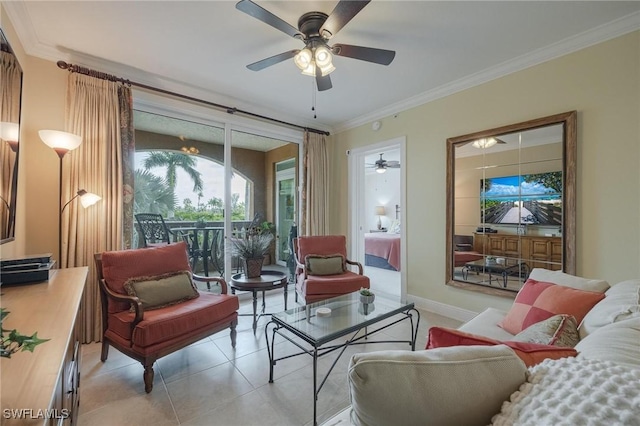 living room featuring ceiling fan, light tile patterned flooring, and ornamental molding