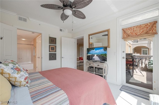 carpeted bedroom featuring ceiling fan, ornamental molding, and connected bathroom