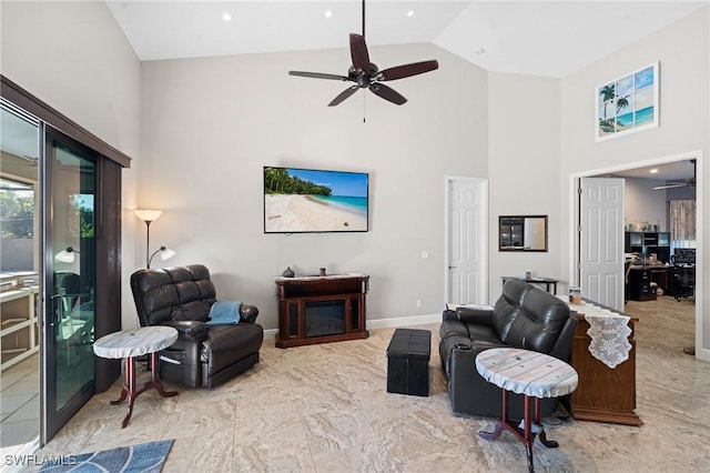 living room with a fireplace, recessed lighting, a ceiling fan, high vaulted ceiling, and baseboards