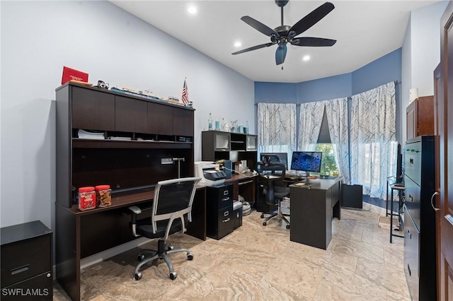 office space featuring a ceiling fan and recessed lighting