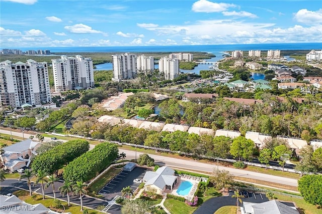 aerial view featuring a water view