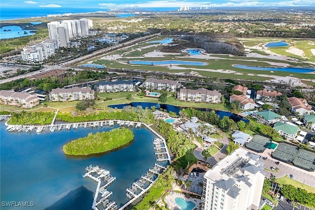 drone / aerial view featuring a water view