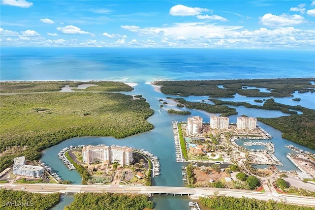 drone / aerial view with a water view