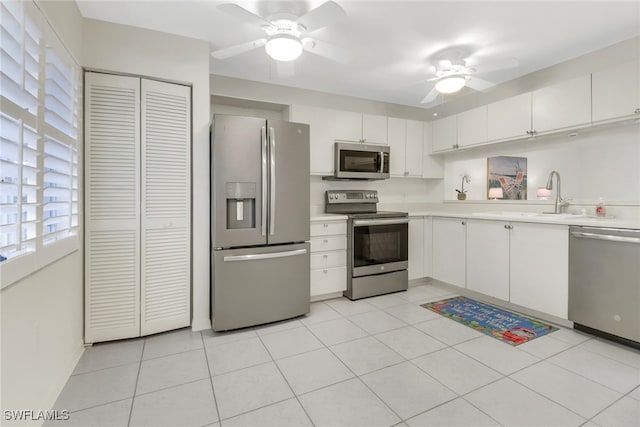 kitchen featuring white cabinetry, sink, ceiling fan, and appliances with stainless steel finishes