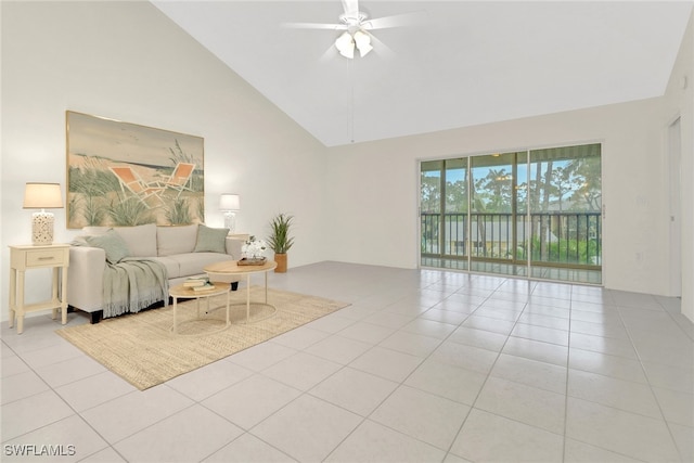 living room with ceiling fan, high vaulted ceiling, and light tile patterned floors