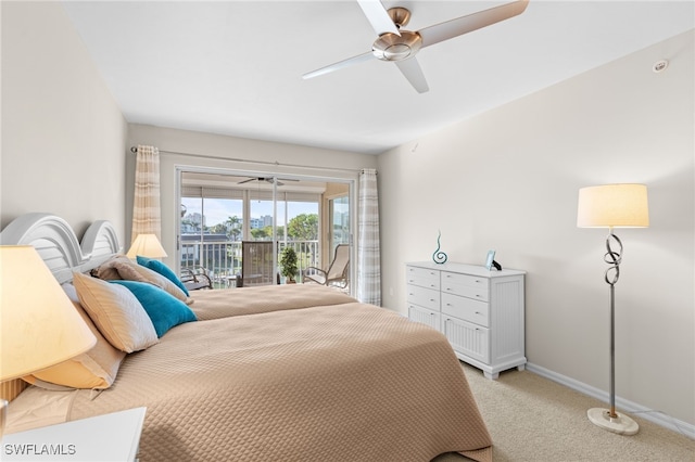 bedroom with ceiling fan, access to exterior, and light carpet