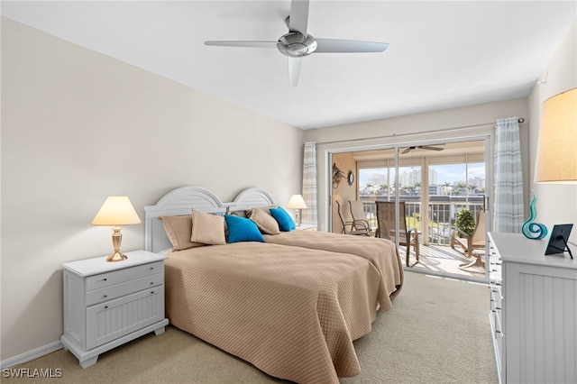 bedroom with light carpet, access to outside, and ceiling fan