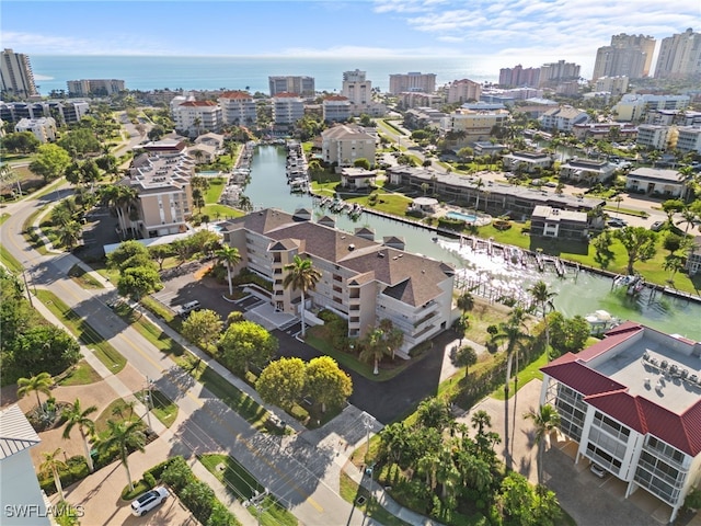 bird's eye view with a water view