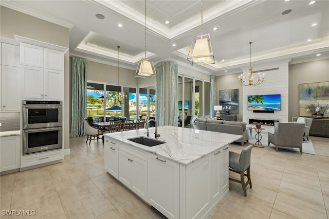 kitchen featuring white cabinets, an island with sink, a tray ceiling, and sink