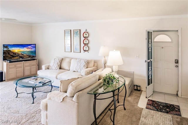 living room with light tile patterned floors and crown molding