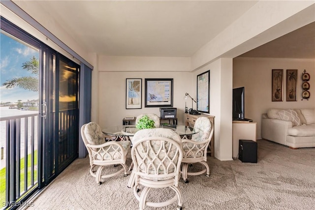 dining area with light colored carpet