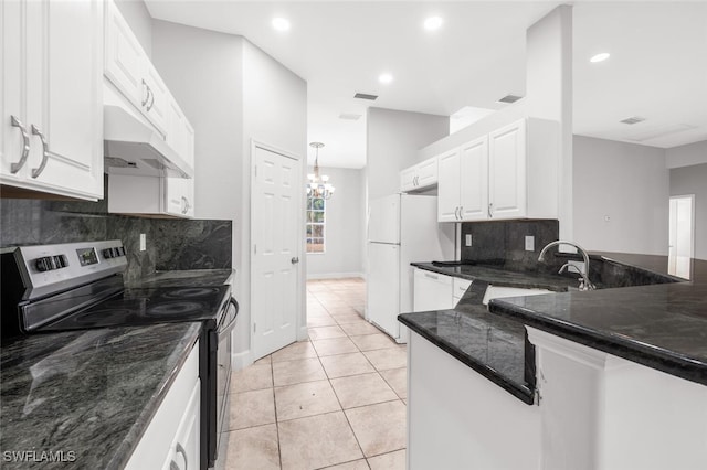 kitchen featuring backsplash, white cabinets, dark stone counters, and white appliances