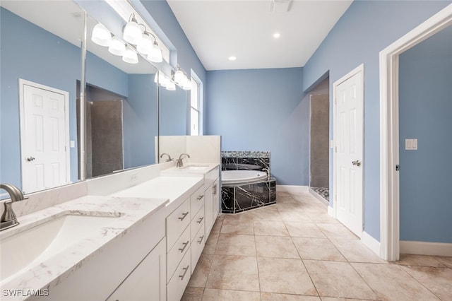 bathroom featuring plus walk in shower, tile patterned flooring, and vanity