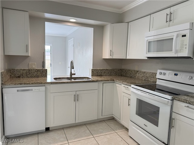 kitchen with white cabinets, white appliances, ornamental molding, and sink