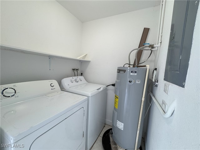 laundry area with washing machine and dryer, electric panel, and water heater