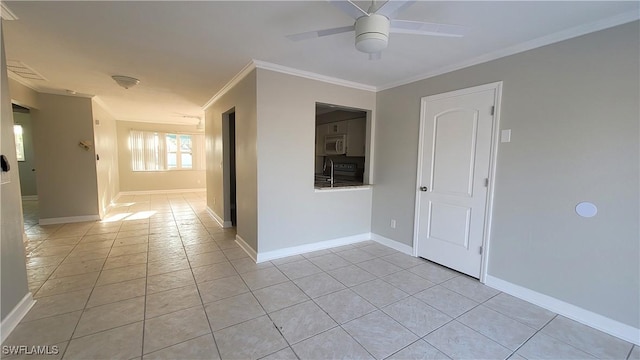 unfurnished room with light tile patterned floors, ceiling fan, and crown molding