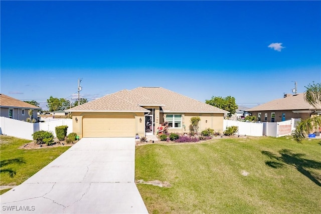 ranch-style home with a garage and a front lawn