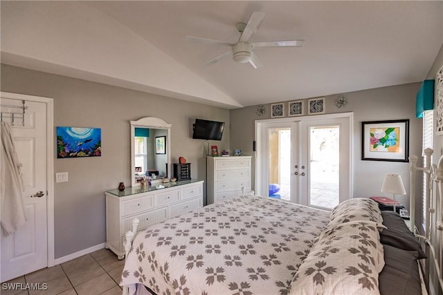 bedroom featuring lofted ceiling, access to outside, french doors, ceiling fan, and light tile patterned floors