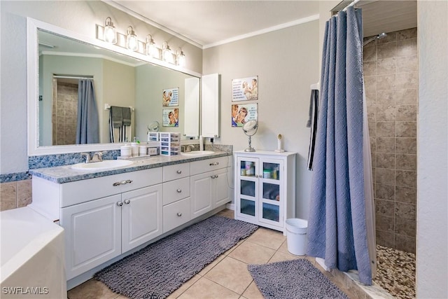 bathroom featuring tile patterned flooring, vanity, shower with separate bathtub, and ornamental molding