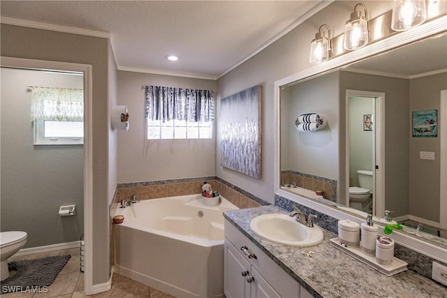 bathroom with vanity, crown molding, a bath, tile patterned flooring, and toilet